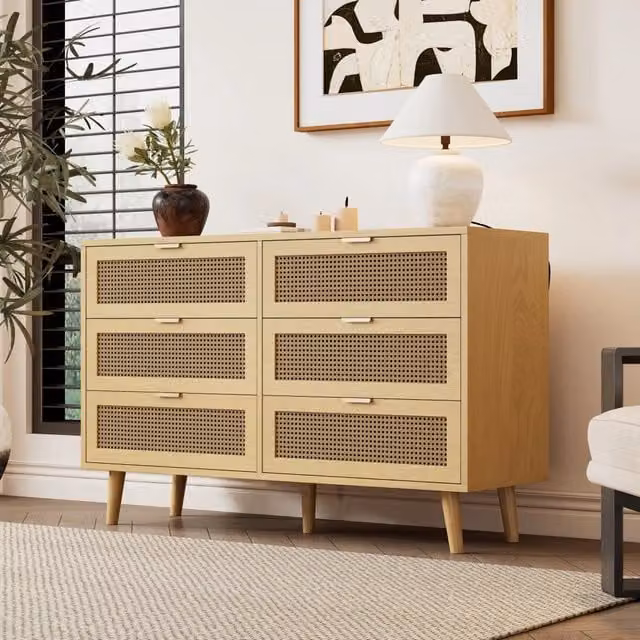 Cassettiera 120x40x76.5 cm con 6 cassetti e maniglie in metallo; in truciolato e legno