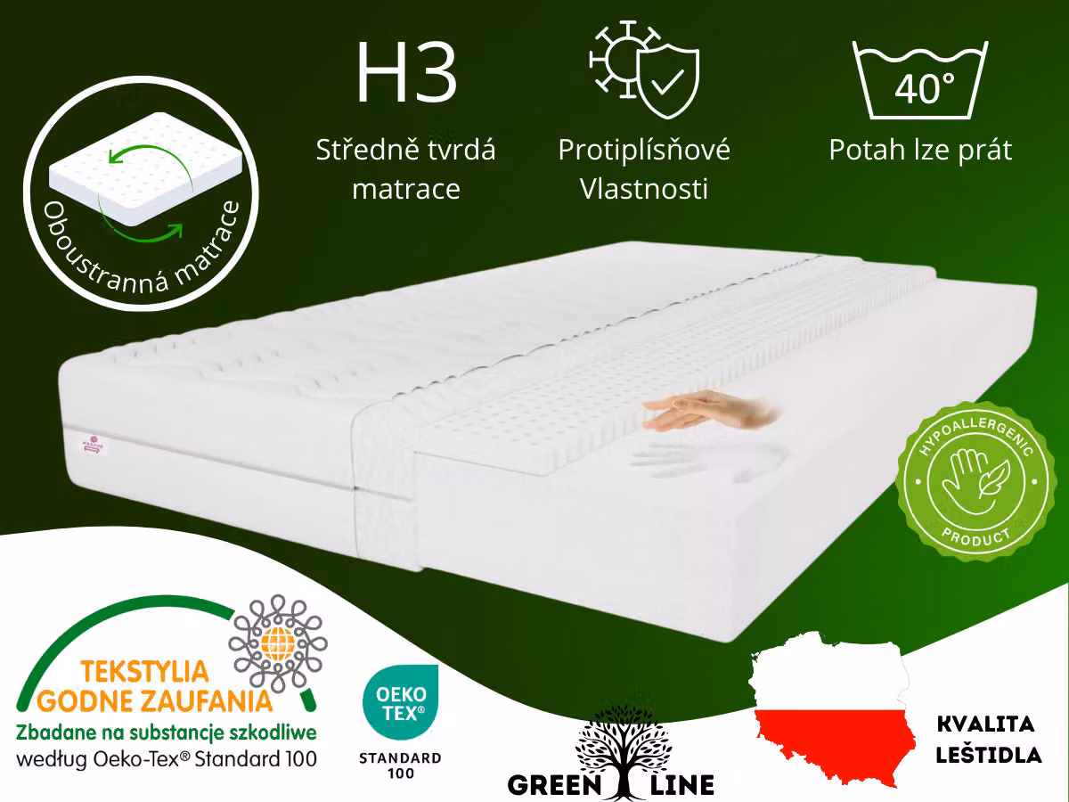 Materasso in lattice MARPUR, 140x200 cm, con memory foam, livello di supporto H3, altezza 11 cm, completo di rivestimento