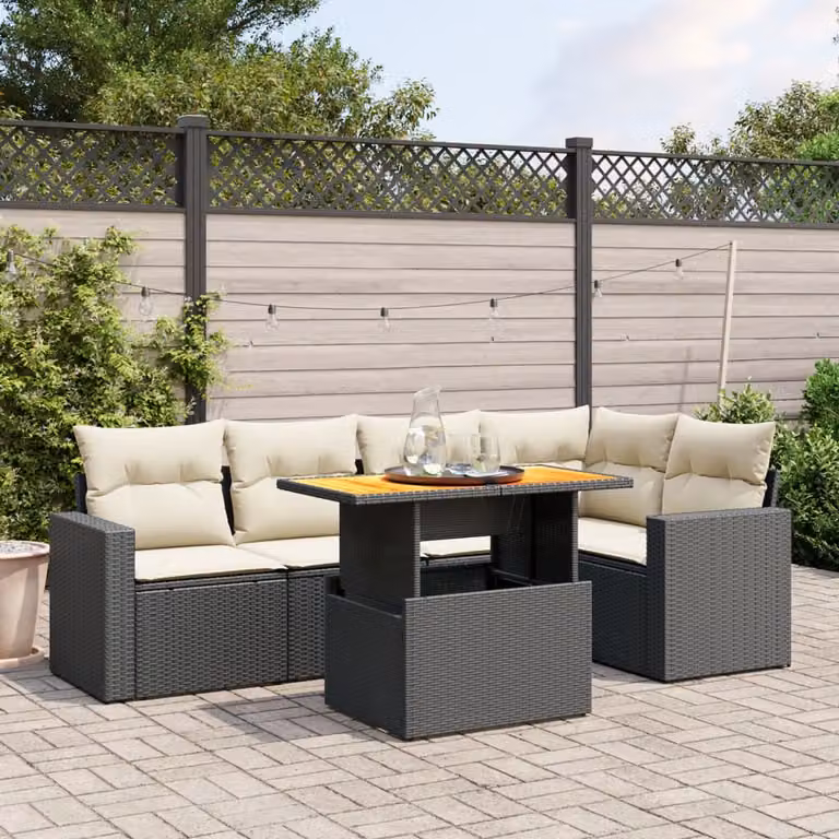 Set Divano da Giardino vidaXL 6 pz in Polyrattan Nero con Cuscini e Tavolino da Esterno a Forma di L