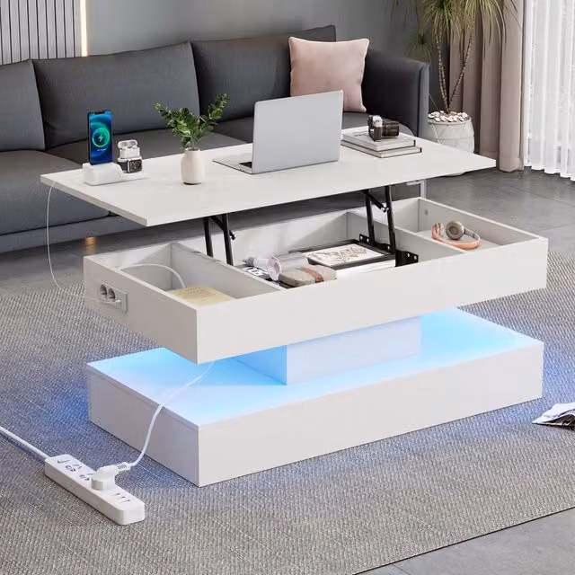 Tavolino moderno con illuminazione LED e vano nascosto, alzata idraulica, 100x50x42 cm, portata 50 kg
