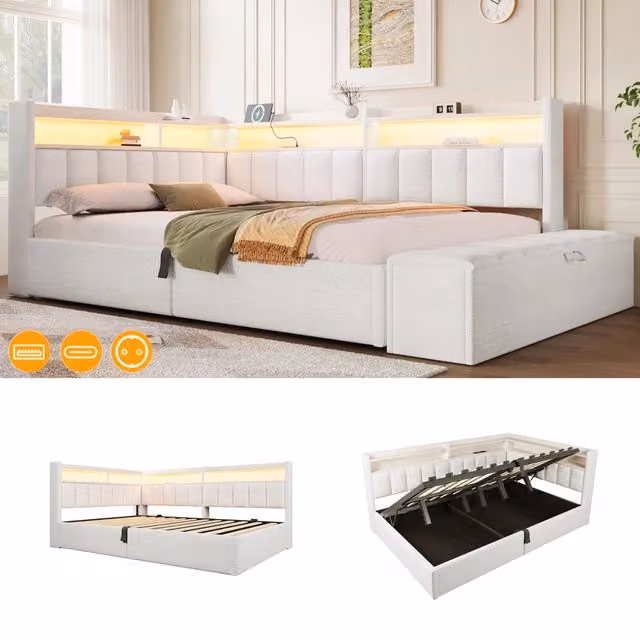 Letto contenitore idraulico 140x200 in velluto beige con LED RGB; USB e panca
