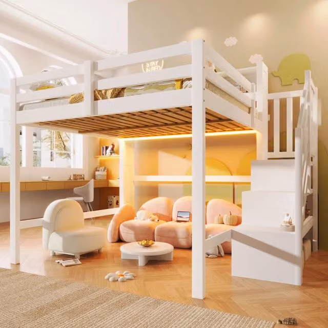 Letto a castello 140x200 cm con LED e scala contenitore in pino e MDF bianco