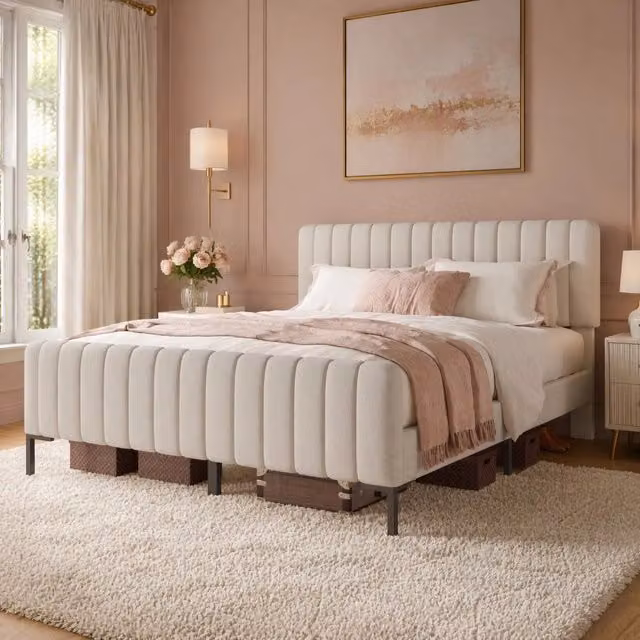 Letto imbottito 160 x 200 cm con testiera regolabile; doghe in legno e lino; grigio-beige