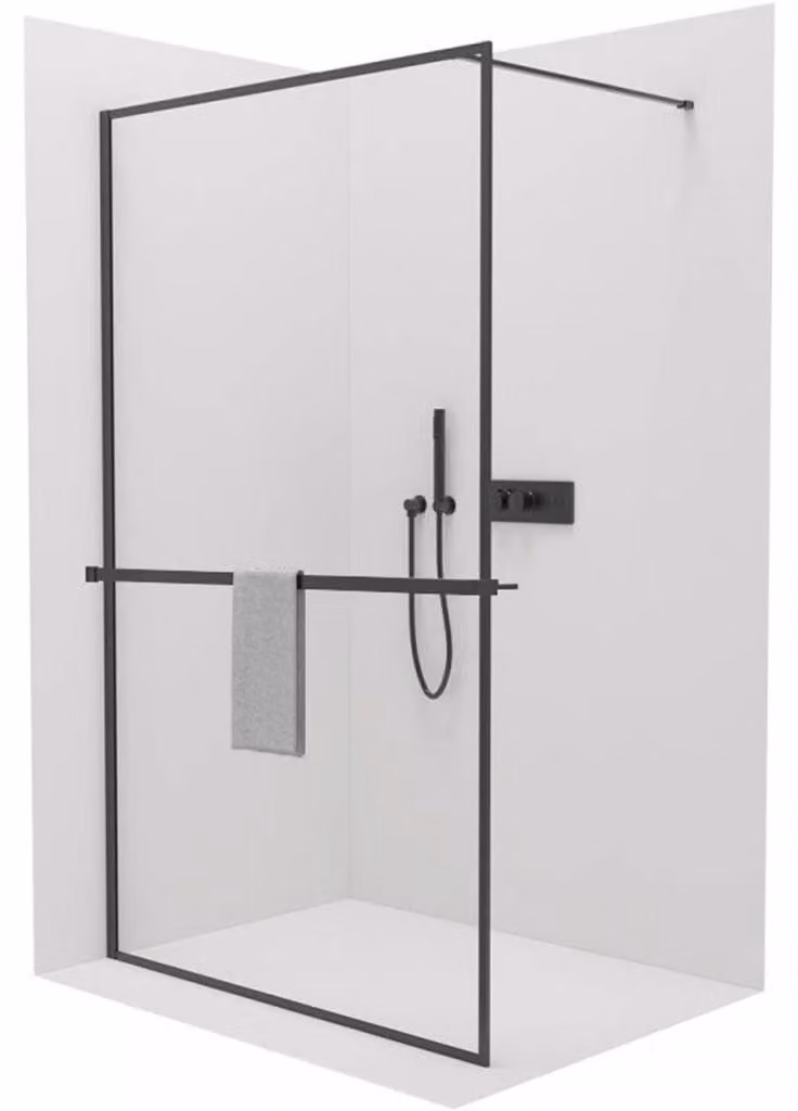 CERANO - Box doccia Walk-in Moreli L/P + mensola/portasciugamani - nero opaco, vetro trasparente - 60x200 cm
