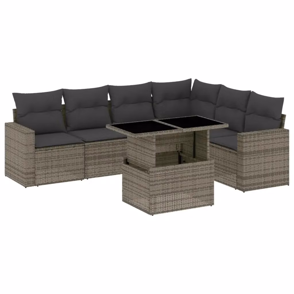 vidaXL Set Divani da Giardino 7 pz a Forma a L in Polyrattan Grigio con Cuscini e Tavolino – 2