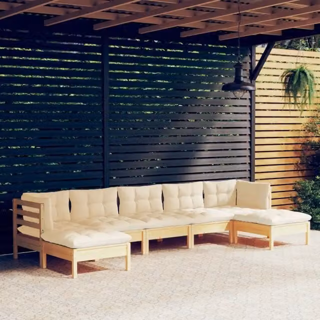 Set Salotto da Giardino 7pz con Cuscini Crema in Legno di Pino 3097091