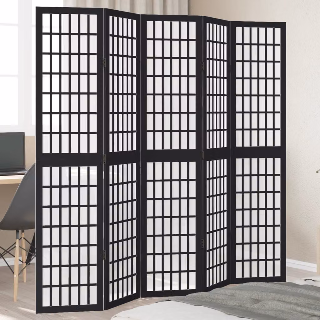 Divisorio Ambienti vidaXL con 5 Pannelli in Legno Massello di Paulownia Nero H: 180 cm x L: 180 cm