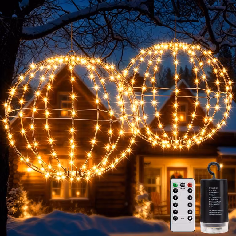 Confezione da 2 lampade a sospensione a forma di sfera, diametro 33/28 cm, 264 LED, luce bianco caldo, con timer