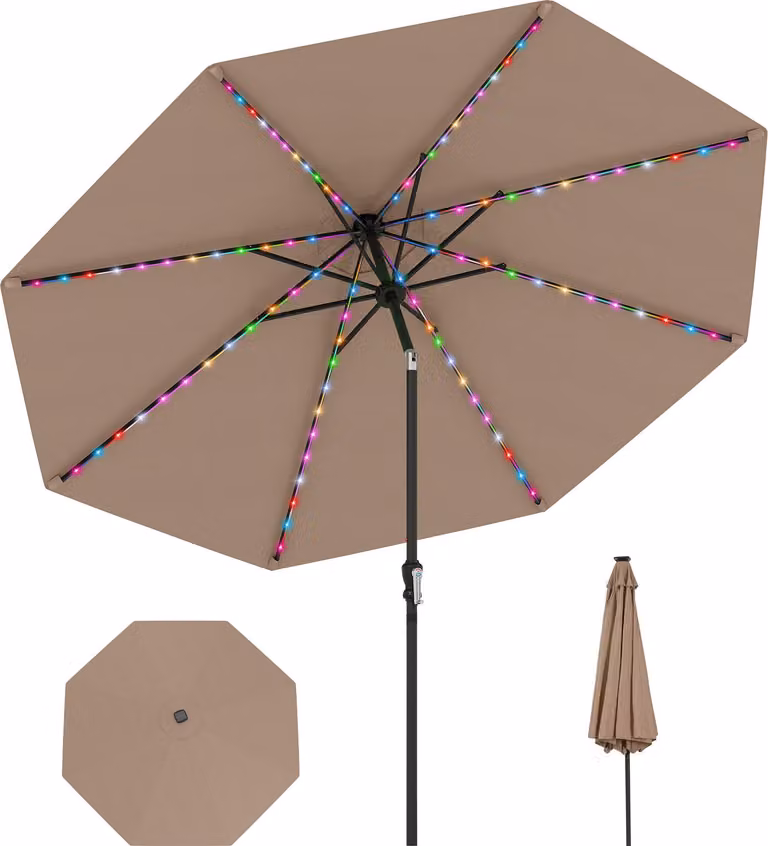 Ombrellone COSTWAY 300 cm con illuminazione solare a LED, 9 modalità e manovella, ombrellone da giardino pieghevole a 35° su entrambi i lati, ombrellone da patio, ombrellone da mercato marrone