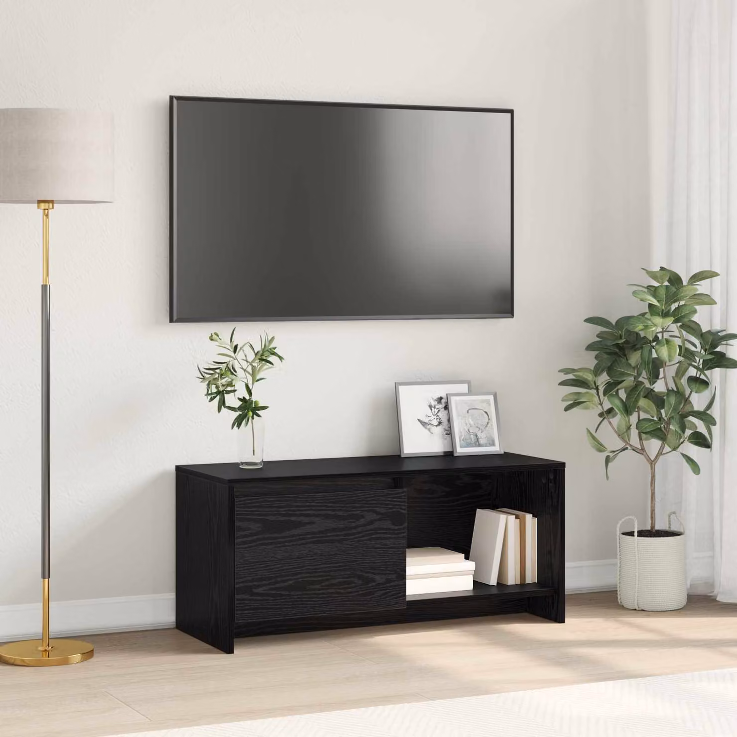 Set mobile TV moderno vidaXL in legno ingegnerizzato rovere e nero L 90 cm x P 35 cm x H 40 cm