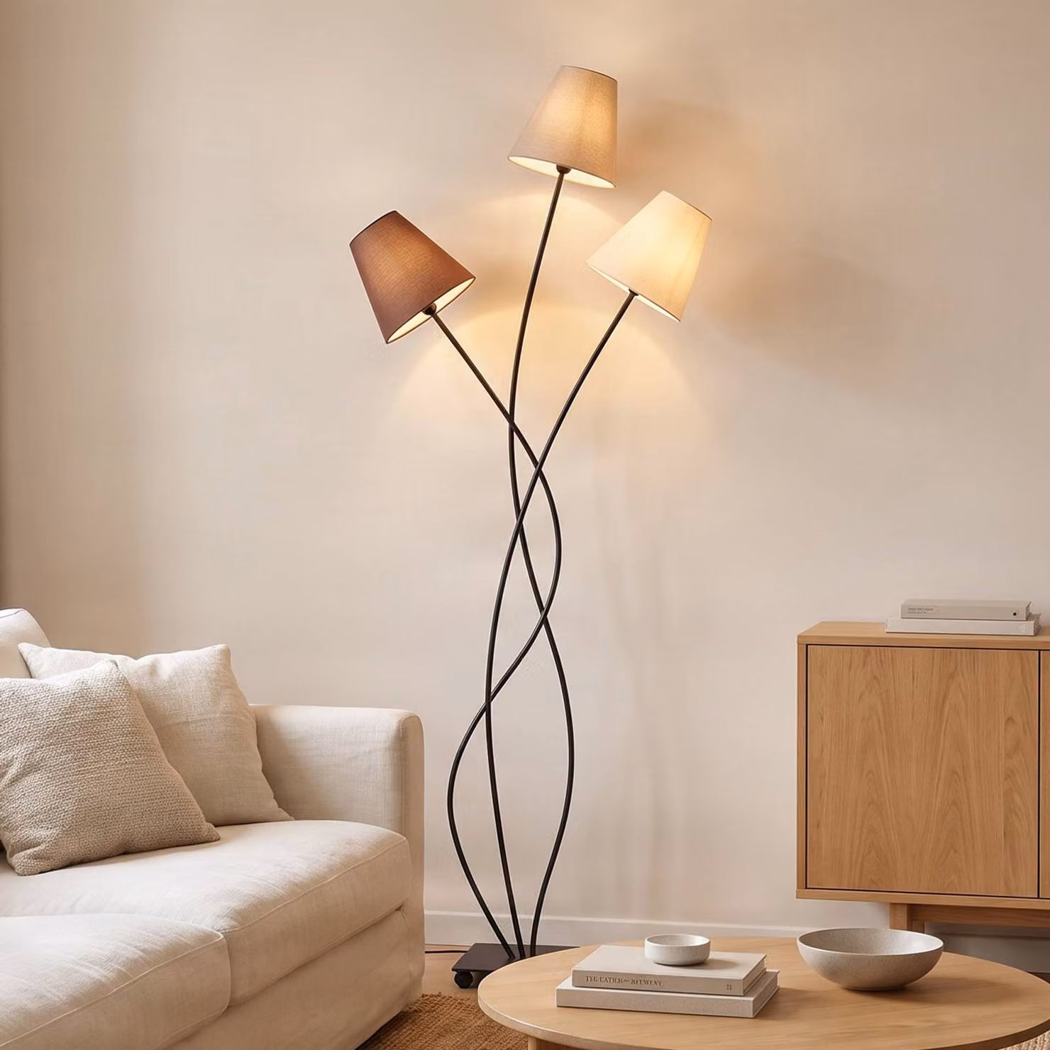 Lampada da terra Melis Lindby, Crema / Ambra, Soggiorno / Sala da pranzo, Tessuto / Stoffa / Seta, Moderno, Lampada da terra