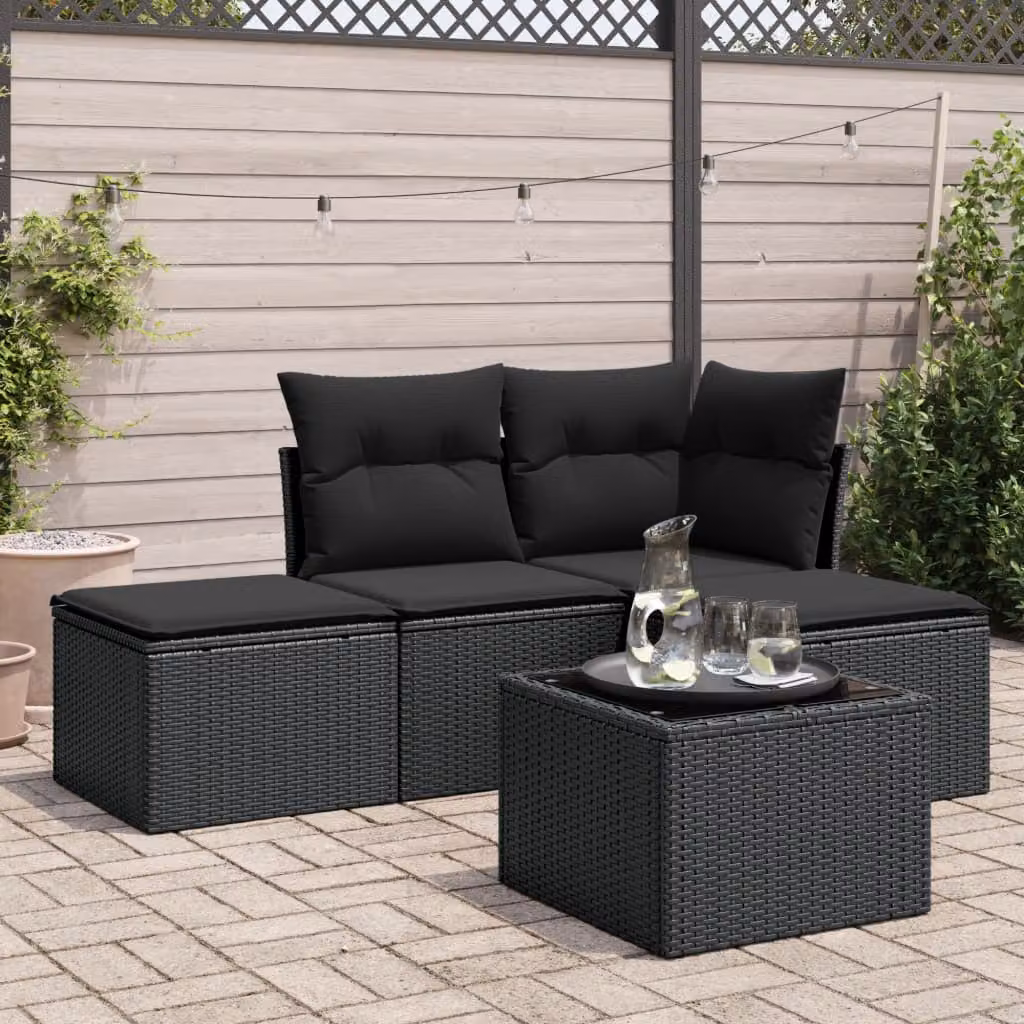 vidaXL Set Divani da Giardino a L 5 pz in Polyrattan Nero con Cuscini e Tavolino da Esterno – 1
