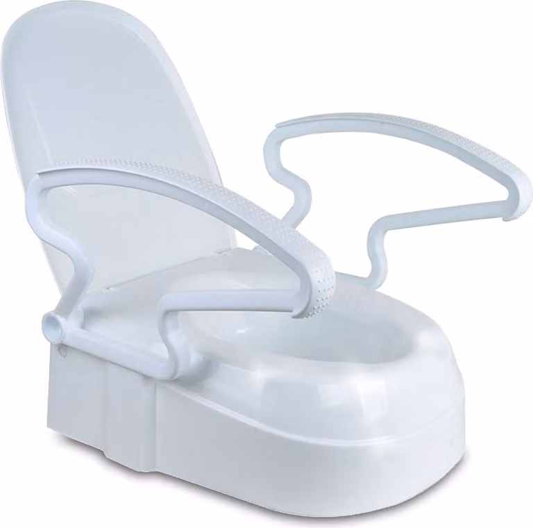 Rialzo WC con coperchio e maniglie ribaltabili, Linomag®, 3 livelli di altezza, sistema di fissaggio regolabile alla tazza del WC, colore bianco