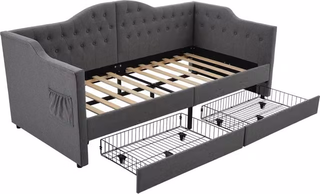 Letto Singolo a Divanetto in Lino Grigio con 2 Cassetti e Porte di Ricarica USB e Type-C L/P/H: 90 x 190 x 105 cm – 1