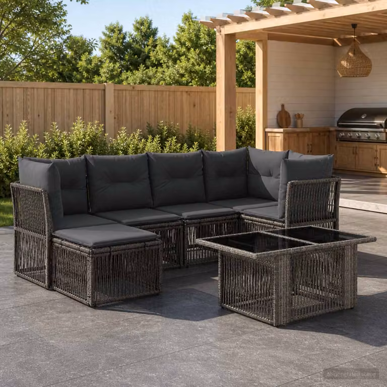 Set Divano da Giardino vidaXL 7 Pezzi in Polyrattan Grigio con Tavolino e Cuscini