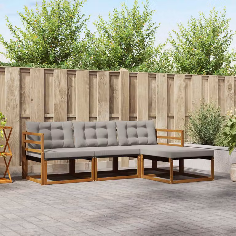 vidaXL Set di divani da esterno a L composto da 4 pezzi in legno di acacia con cuscini in tessuto beige e grigio
