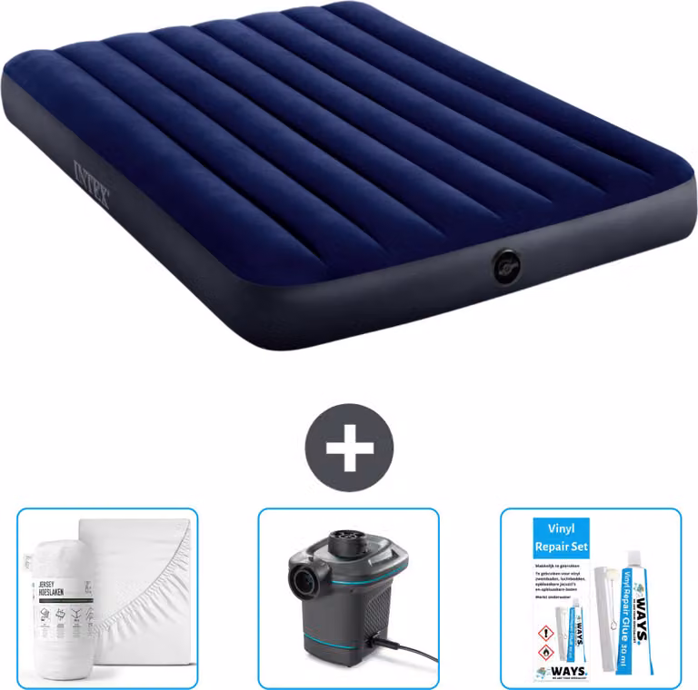 Intex Airbed - Letto matrimoniale - 137 x 191 x 25 cm - Blu - Include lenzuola - Pompa e kit di riparazione