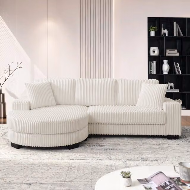 Divano angolare modulare da 256;5?x?133;5?x?89?cm 4 posti a coste; con pouf ovale e 2 cuscini incluso; velluto; bianco