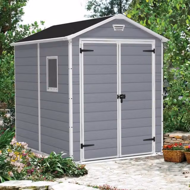 Casetta da giardino DMORA Cranbrook, capanno da esterno e ripostiglio per attrezzi in plastica con doppia porta e finestra, Grigio, L: 236,8 cm, P: 185,8 cm, H: 227 cm – 1