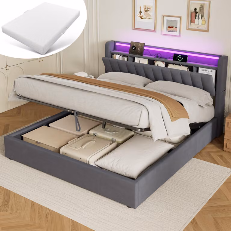 Letto imbottito MODFU 180 x 200, letto per ragazzi con materasso, luce a LED e prese elettriche, rete boxspring con contenitore, letto con spazio contenitivo, grigio