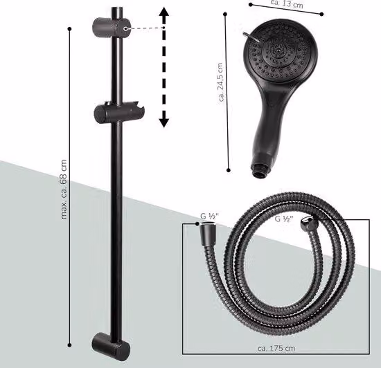 Set doccia, acciaio inossidabile, tubo flessibile da 1,75 m, asta da 71,5 cm, nero