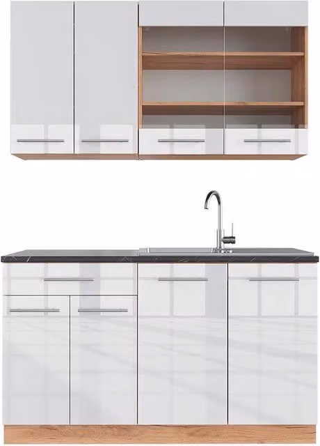 Cucina completa Fame-Line Bianco lucido/Rovere dorato 140 cm, PL Antracite Vicco