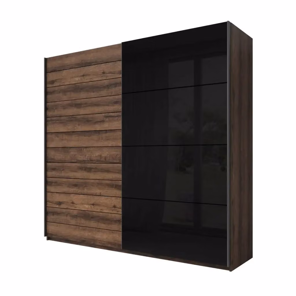 Set camera da letto moderna FLOYD Meublorama in legno e MDF, composta da armadio, letto, cassettiera e comodini, colore quercia scura e nero lucido – 2