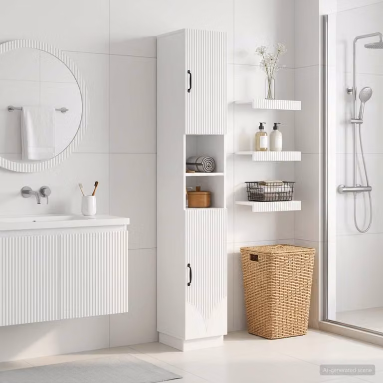 vidaXL Armadio da Bagno HOORN Moderno Bianco Lucido con Ripiano Aperto e Ante a Battente