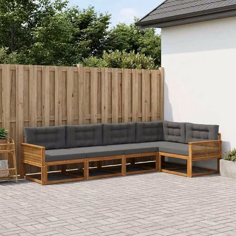 vidaXL Set di divani da esterno a L composto da 5 pezzi in legno di acacia con cuscini, colore marrone e antracite