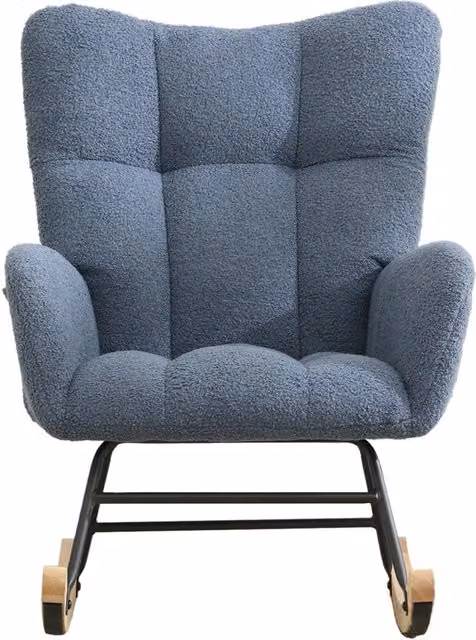 Poltrona a dondolo ergonomica con tasca laterale, schienale alto e base in legno massello, in tessuto effetto peluche blu scuro