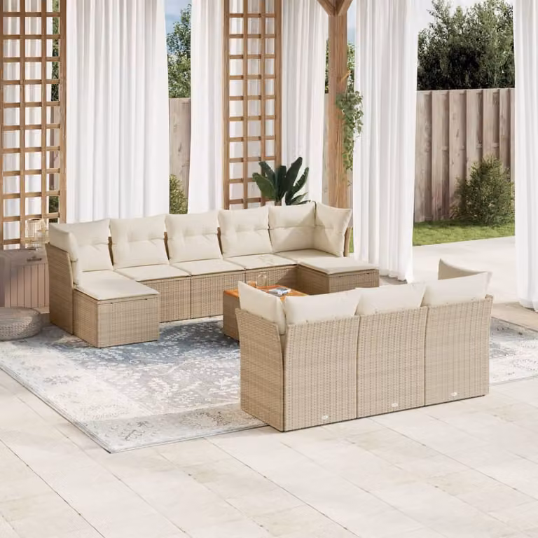 vidaXL Set Divani da Giardino 11 pz in Polyrattan con Cuscini Beige e Tavolino da Esterno