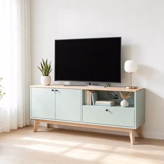 Mobile TV basso WISHDOR moderno in legno e MDF, colore verde chiaro e rovere, L: 120 cm, P: 50 cm, H: 35 cm – 1