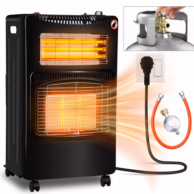 Ikodm, fornello a gas e forno elettrico combinato, 4200/1200 Watt, accensione piezoelettrica, sistema di sicurezza anticaduta, rilevatore di fiamma (ODS), 5 ruote girevoli, colore nero