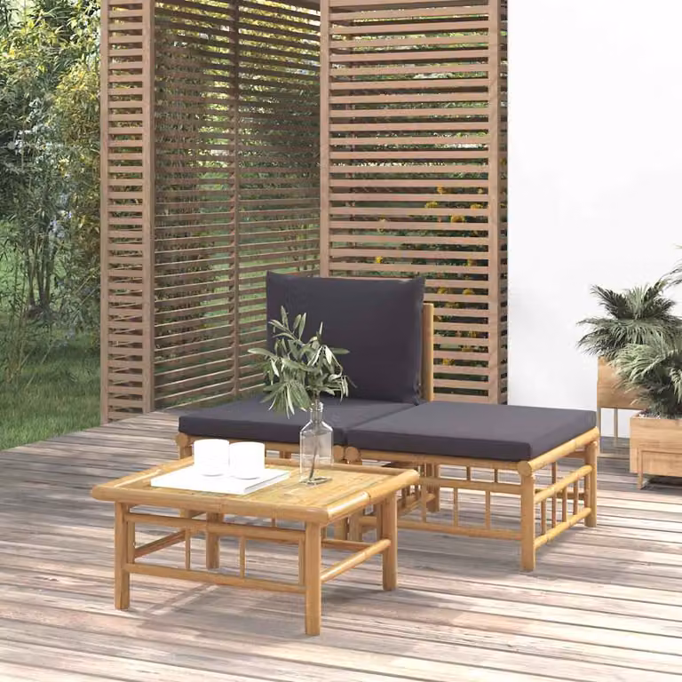 Set Salotto da Giardino vidaXL in Bambù con Divano a 3 Posti, Tavolino e Pouf con Cuscini Grigio