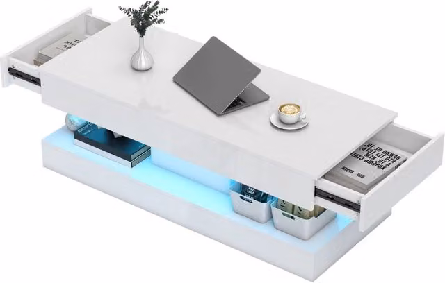 Tavolino da soggiorno con cassetti e luci a LED, tavolino da divano moderno con ripiano a giorno, tavolino da caff¨¨, in truciolato, bianco
