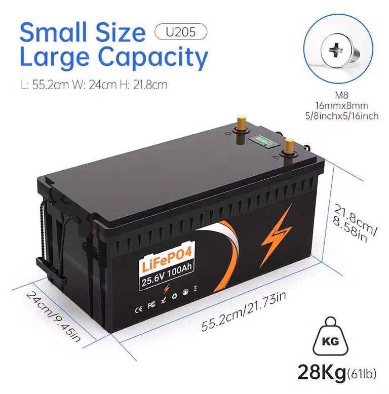 Batteria LiFePO4 - Batteria al litio per camper - Sistema di accumulo di energia - 25,6V 100Ah - Corrente di picco 800A