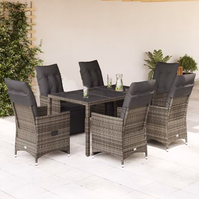 Set Bistrò da Giardino vidaXL 7 pz in Polyrattan Grigio con Cuscini e Piano in Vetro