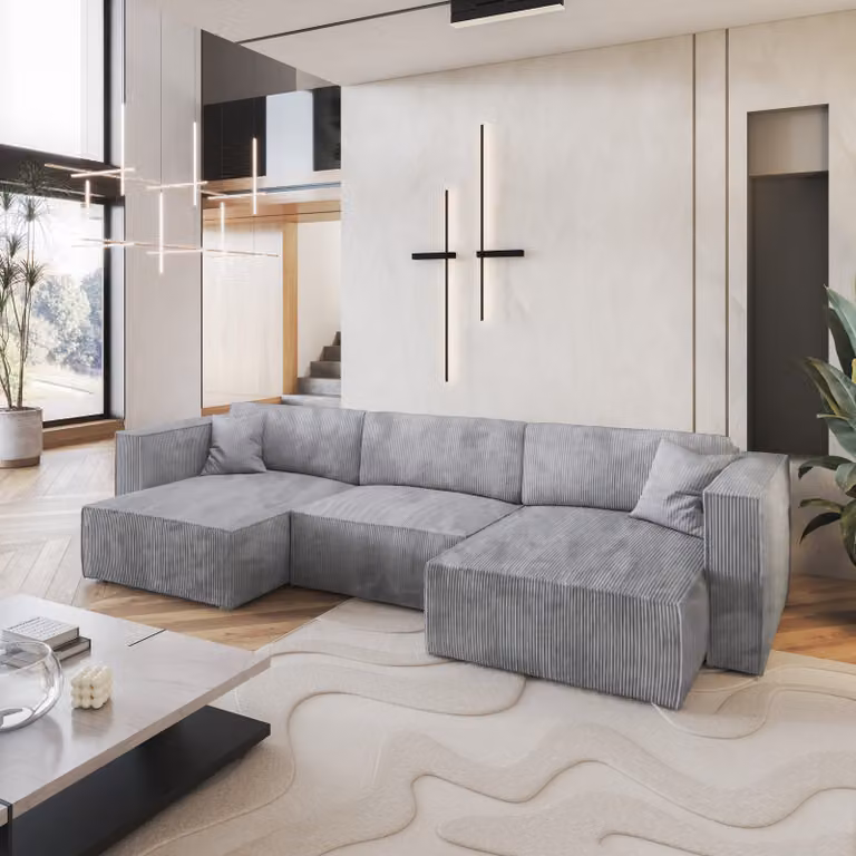 Divano angolare SARMO P di Masseno con funzione letto a U, divano con box letto, divano da salotto, divano, divano letto, set di divani - grigio chiaro, POSO 55