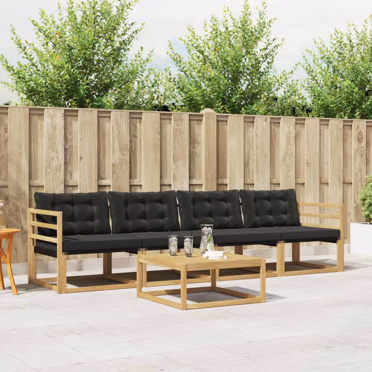 Set di divani da esterno vidaXL 5 pezzi in legno di acacia con tavolino e cuscini, Bianco, Nero e Marrone