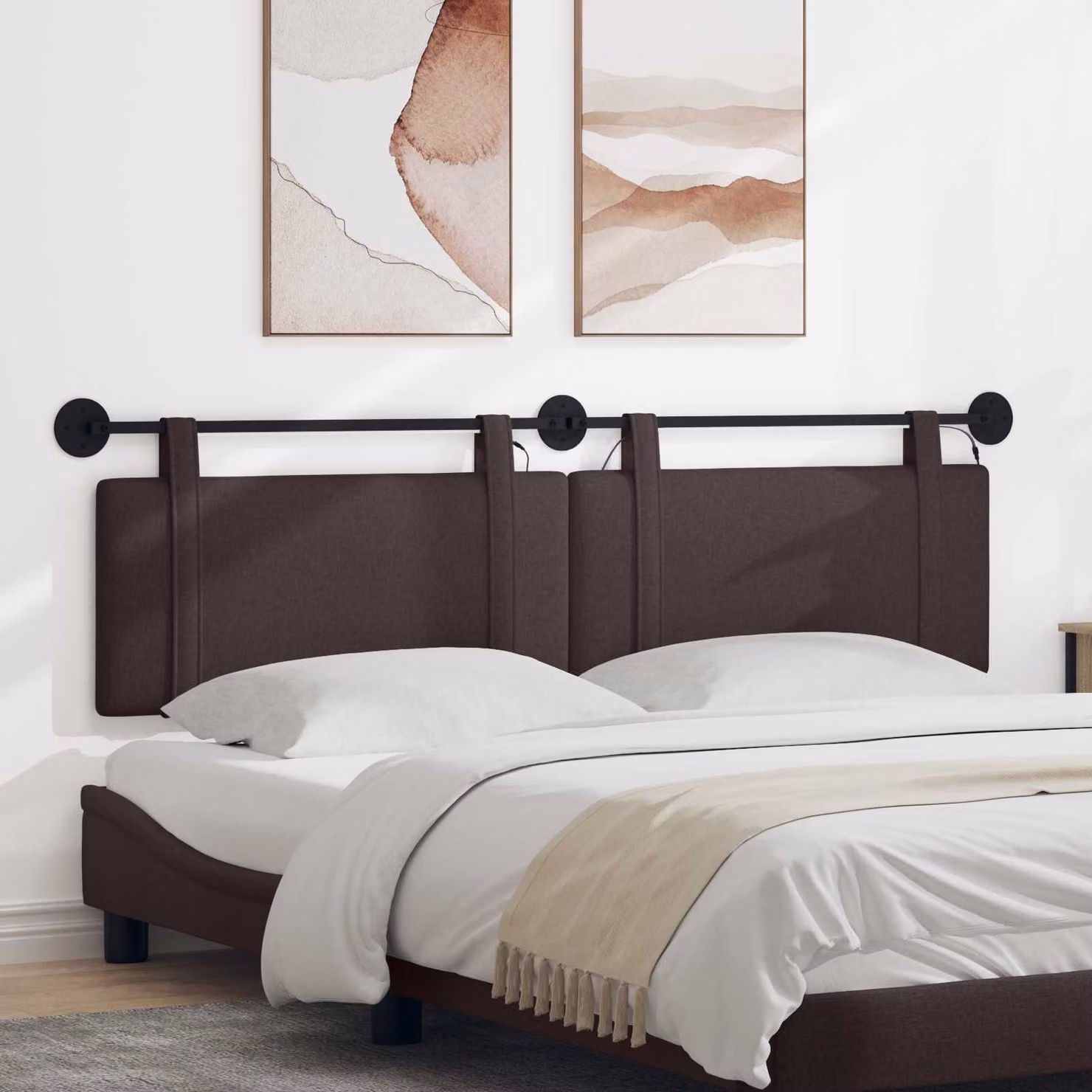 vidaXL Testiera da letto sospesa moderna in tessuto marrone con illuminazione integrata L: 170 cm, H: 55 cm, P: 7,77 cm