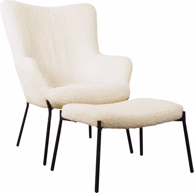 Poltrona in tessuto bouclette beige con poggiapiedi EIRA