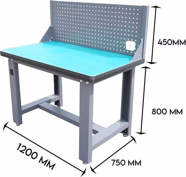 Banco da lavoro da officina con pannello forato e presa 220V, regolabile in altezza, Grigio, L: 120 cm, P: 75 cm, H: 80-125 cm