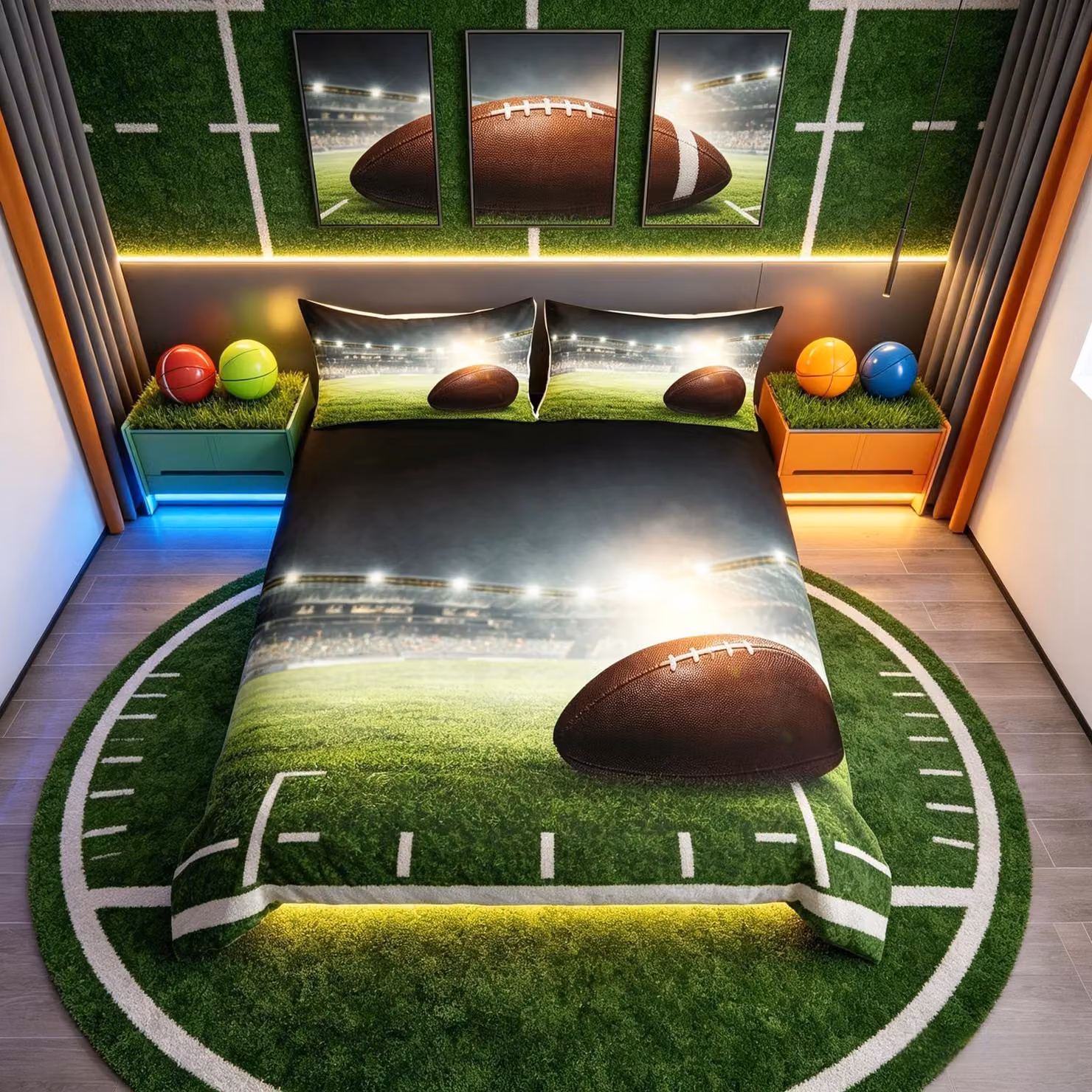 Set di lenzuola con copripiumino - Motivo: rugby - Per bambini e adolescenti - Colore: nero intenso