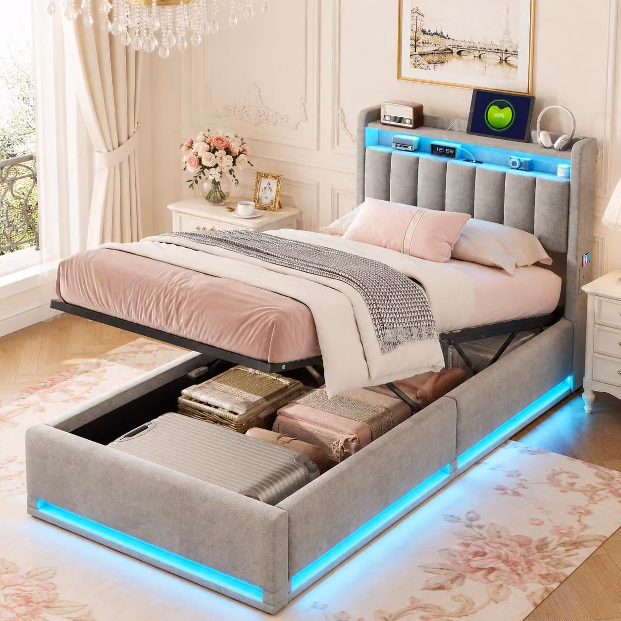 Letto imbottito INONEFT 90x200 cm con sistema di sollevamento idraulico e spazio contenitore, letto a molle con LED e porta USB di tipo C, letto matrimoniale per giovani con rete a doghe e contenitore, rivestito in velluto grigio