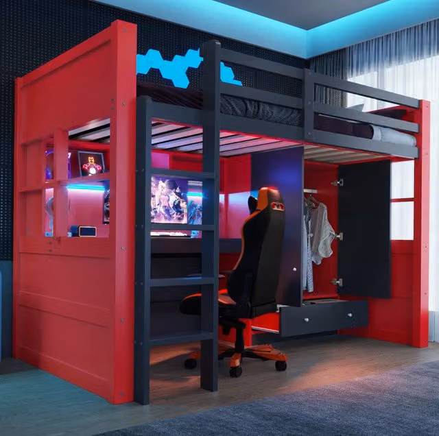 Letto a soppalco 90x200 cm nero e rosso con scrivania, armadio, cassetti, LED e prese