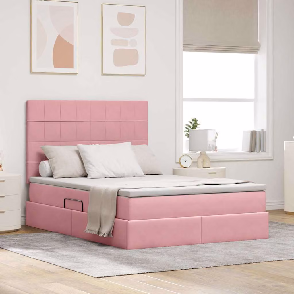 Letto con contenitore vidaXL in velluto rosa con illuminazione LED e porta USB, L/P/H: 140 x 200 x 144 cm – 1
