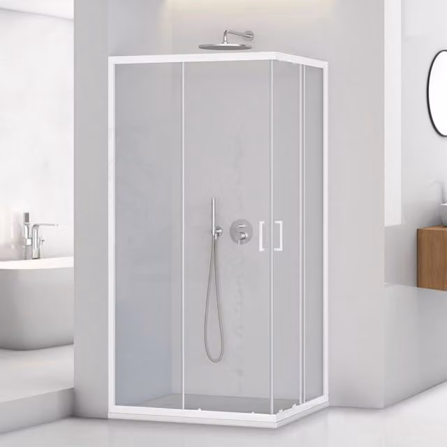 Box doccia angolare Tay in vetro temperato trasparente con profili bianchi e doppio sistema scorrevole L 90 cm x P 70 cm x H 195 cm