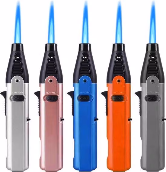 Set di 5 accendini a gas premium multicolore con chiusura di sicurezza e temperatura regolabile fino a 1300 gradi Celsius