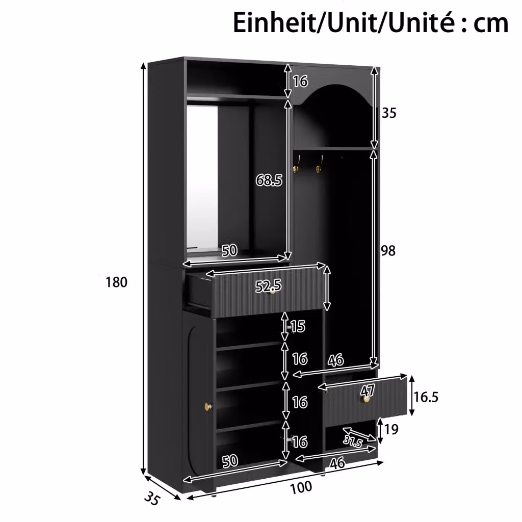Armadio da ingresso REDOM moderno nero e multicolore con illuminazione LED, ripiani interni, appendiabiti e ganci, L/P/H: 100 x 35 x 180 cm – 2