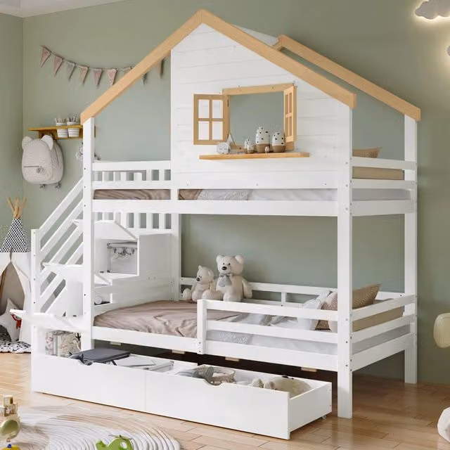 Letto a castello 90x200 cm con scala con cassetti in legno e MDF bianco e naturale